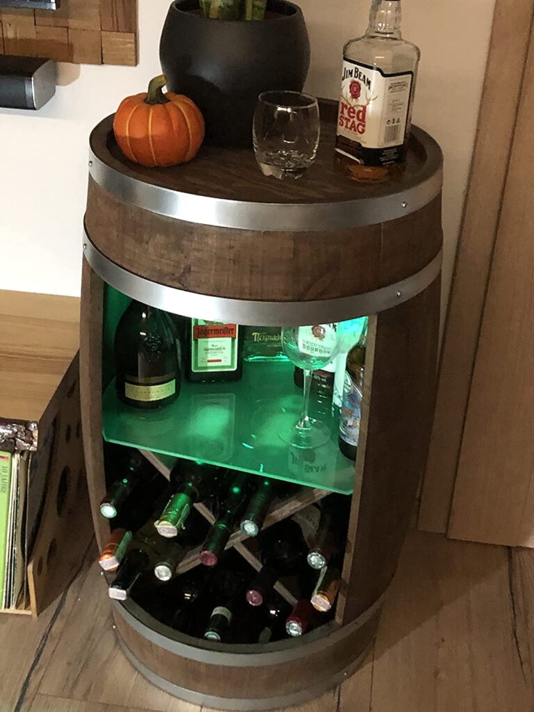 Tonneau Bar LED avec l'étagère en Verre | Minibar Whisky, Bière, Meuble vin tonneau en bois 