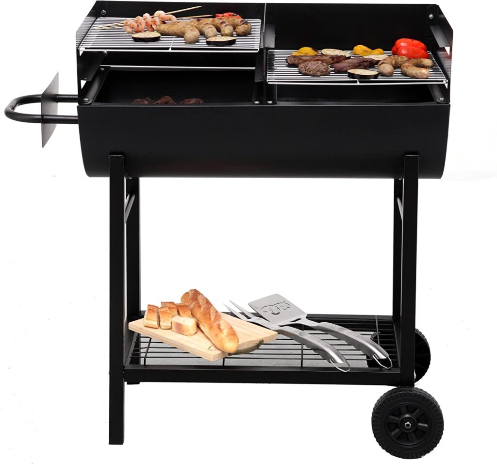 Tonneau de barbecue en métal grilles chromées avec deux roues